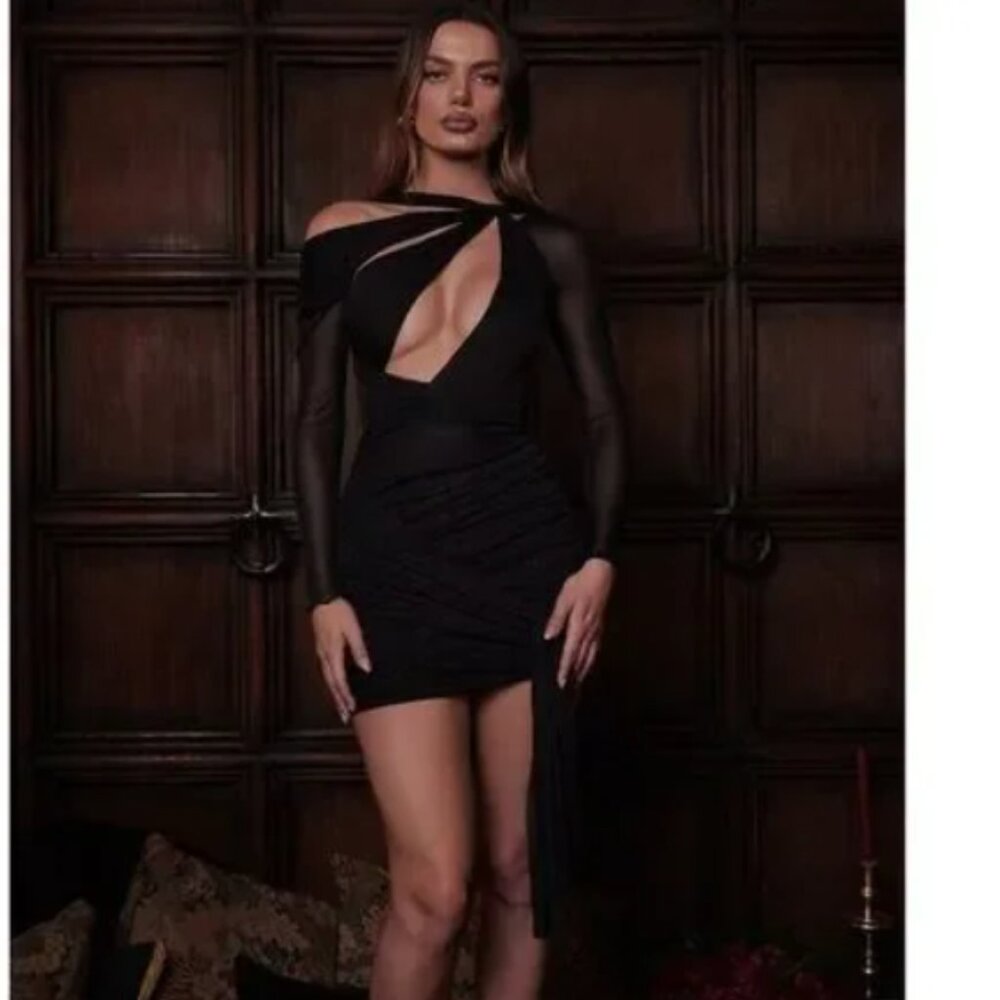 House of CB Santa Black Glitter Cutout Long Sleeve Mini Dress